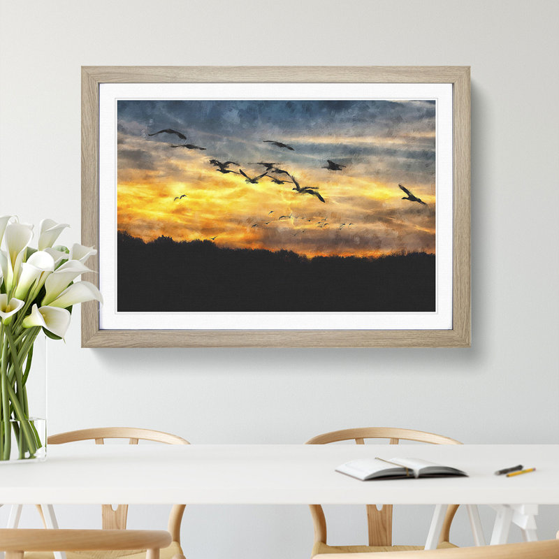 Geese at Sunset - Picture Frame Painting, 48cm H x 65cm W x 2cm D, Oak Framed