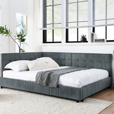 Full Size Bed Frame In Velvet With Armrest For Bedroom And Living Room Modern Covering Use