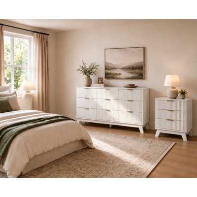 Ensemble de chambre à coucher cannelé 2 pièces, commode à 9 tiroirs l 57 po et table de chevet à 3 tiroirs l 23,6 po avec poignées en métal, tiroirs de rangement