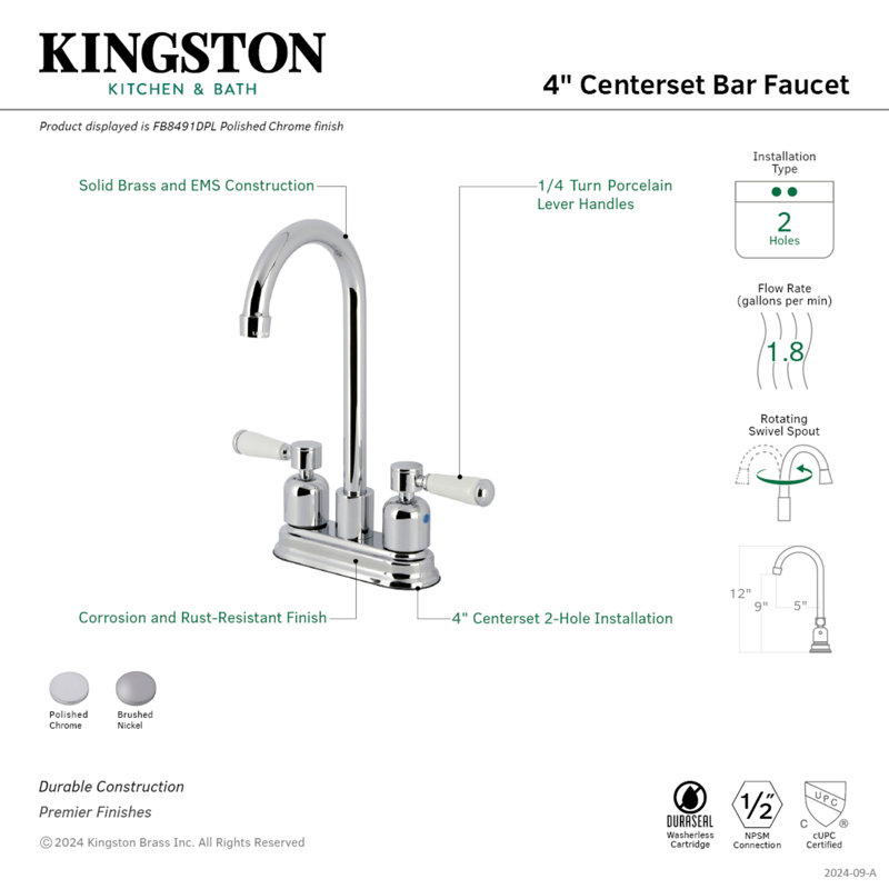 Kingston Brass Paris Two-Handle 2-Hole Deck Mount Bar Faucet