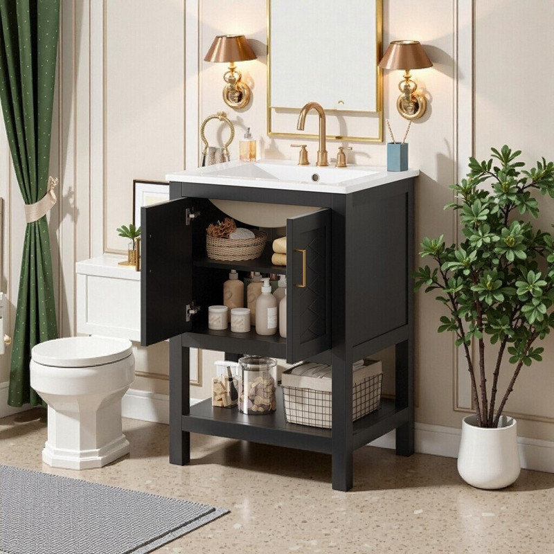 Meuble-lavabo 24 po avec charnières en sergé et à fermeture en douceur, tablette réglable, Noir