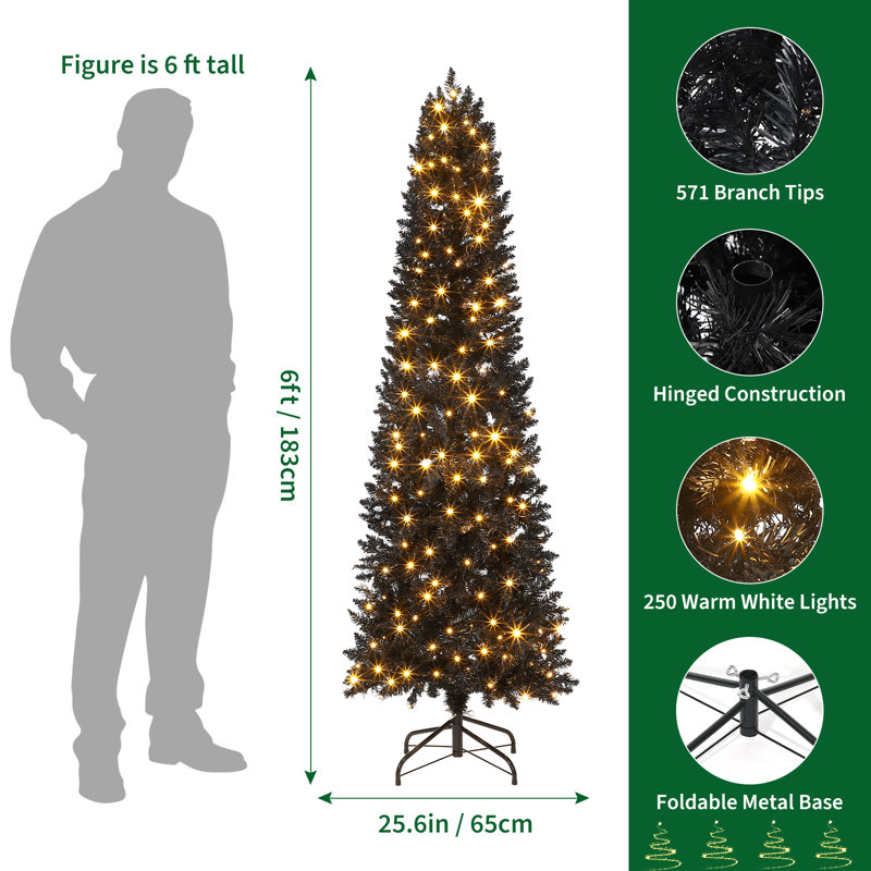 Arbre de Noël illuminé noir 6 pi avec 250 lumières colorées