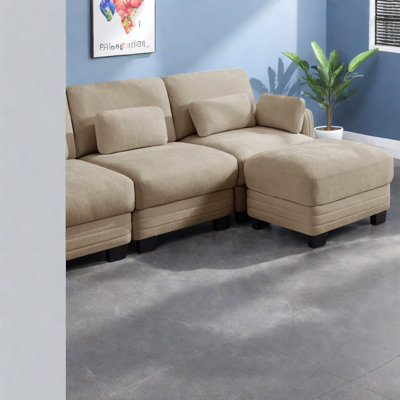 Canapé d'angle modulaire moderne 2 places, couleur camel chenille, avec pouf