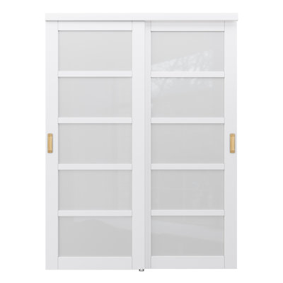 60"x80" Height Forested Glass Sliding Door Kit - 5-Lite Design for Closet Door Hardware kit including, Golden Handles