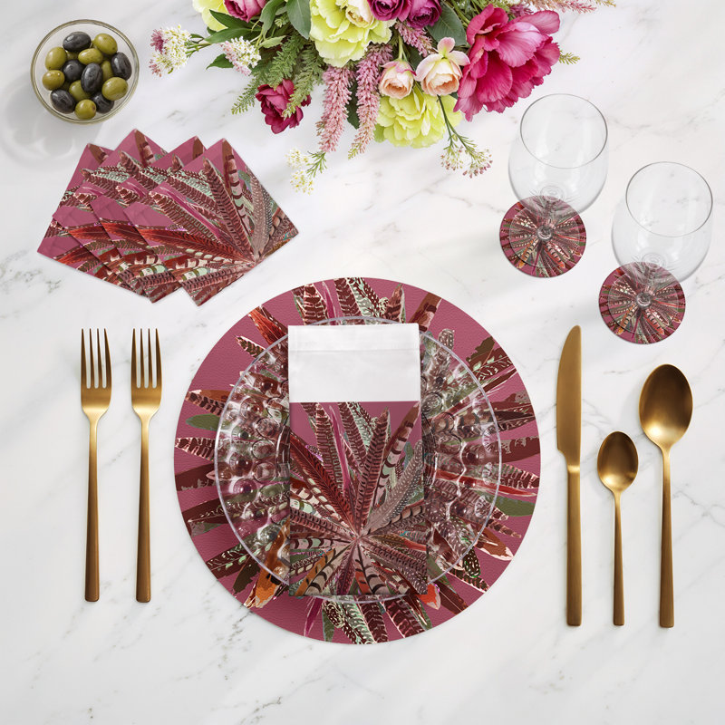 Pheasant Feathers Vegan Leather Round Pebble Placemat, Mauve