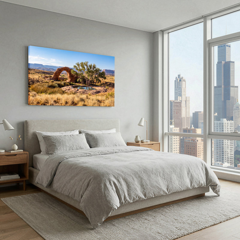 Arche de grès rouge et arbres verts près de l'eau, art mural 47 x 24 x 1,5 po