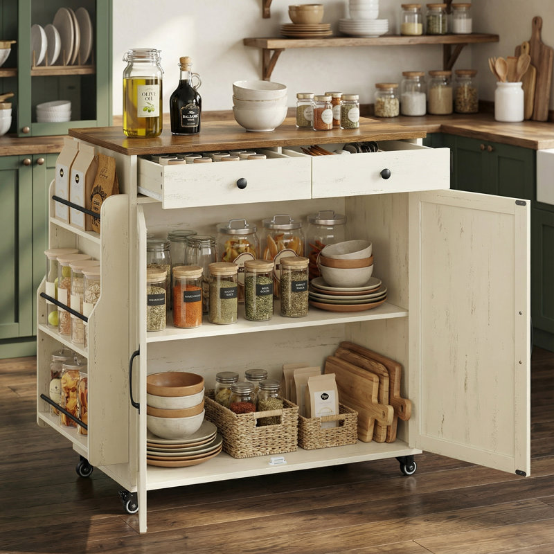 Îlot de cuisine l 36,9 po avec armoires de rangement et 2 tiroirs, étagère à épices, roues verrouillables