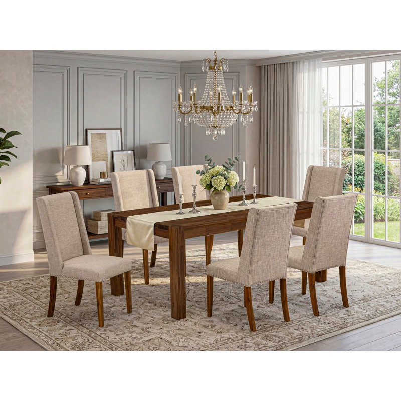 7 Piece Dining Set Consist of a Rectangle Rustic Wood Dining Room Table and 6 Light Tan Linen Fabric Upholstered Parson Chairs, Antique Walnut