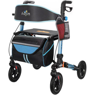 Déambulateur roulant pour personnes âgées, déambulateur léger pliable tout terrain avec siège, déambulateurs en aluminium avec roues en caoutchouc de 8 pouces, poignées et dossier pour personnes âgées et adultes 