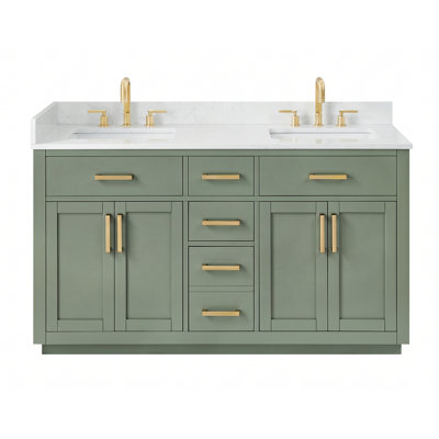 Ensemble meuble-lavabo double Ivy 60 po, comptoir en pierre reconstituée vert vintage et blanc grainé, sans miroir