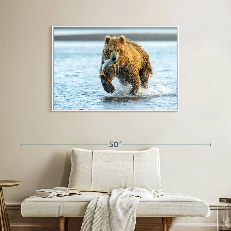 Grizzly avec saumon, Cadre flottant blanc, 40 po x 27 po