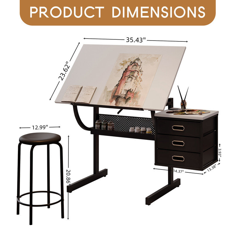 Adjustable Drawing Table With Stool & 3 Storage Drawers, Tilting Craft Desk For Art, Writing And Reading, 35.43" X 23.62" Workstation