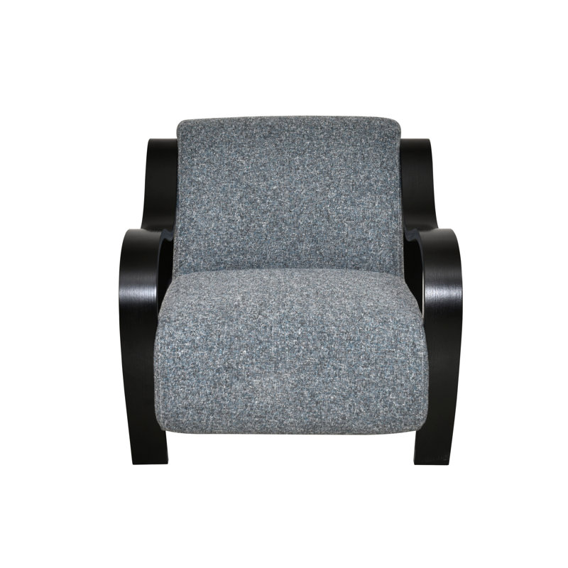 Curva Luxe Accent Chair-Textured Tweed Upholstery with Sculptural Curved Wood Arms , Black, Matte Black Wood