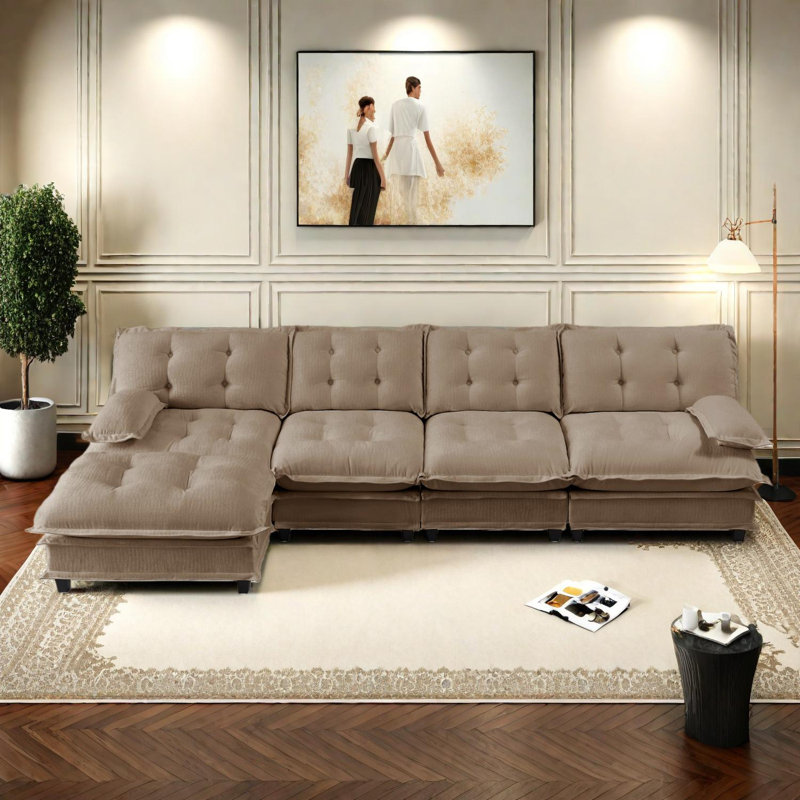 Canapé modulaire en L de 138 po avec repose-pieds en chenille 4 places, Café clair