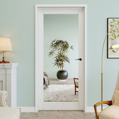 Porte pré-suspendue à 1 lumière de 36 po x 80 po avec levier incurvé et charnières noires, miroir latéral à peindre et imperméable, combinaison pour la lessive, portes de placard, portes de pièce, gauche