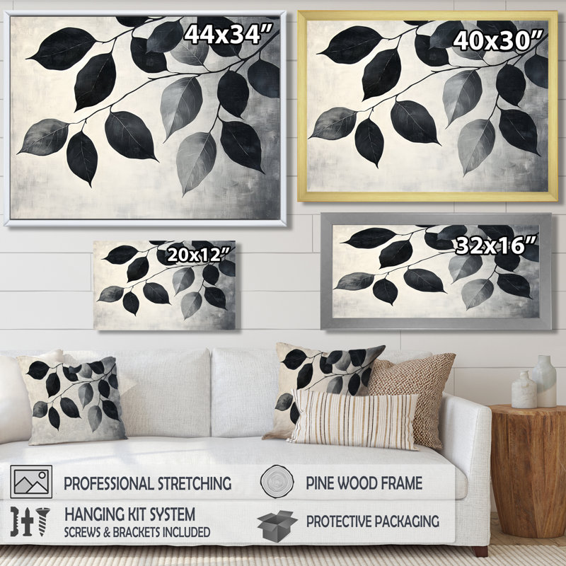 «Black Leaves Shadow Silhouette IV» - art mural feuilles, H 24 po x l 32 po, Impression encadrée flottante, Crème, crème