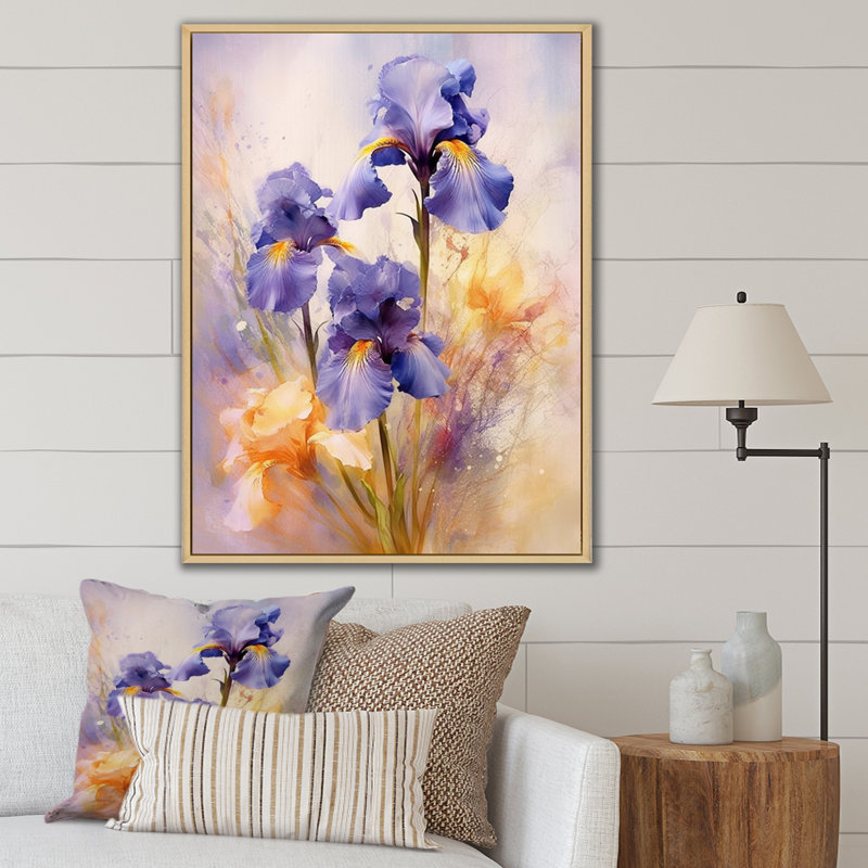 «Mauve jaune et iris», impressions sur toile, Cadre naturel flottant, H 44 po x l 34 po x P 1,5 po