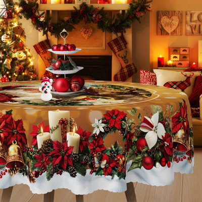 1 nappe ronde / rectangulaire en polyester de 1 pièce, nappe de Noël avec pin, bonhomme de neige, camion, bord embosé, décorations de Noël pour table à manger, décoration de table de fête festive, cadeau de fête parfait