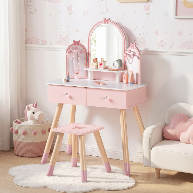 Kids Butterfly 2-pc Makeup Vanity Table & Stool, Pink