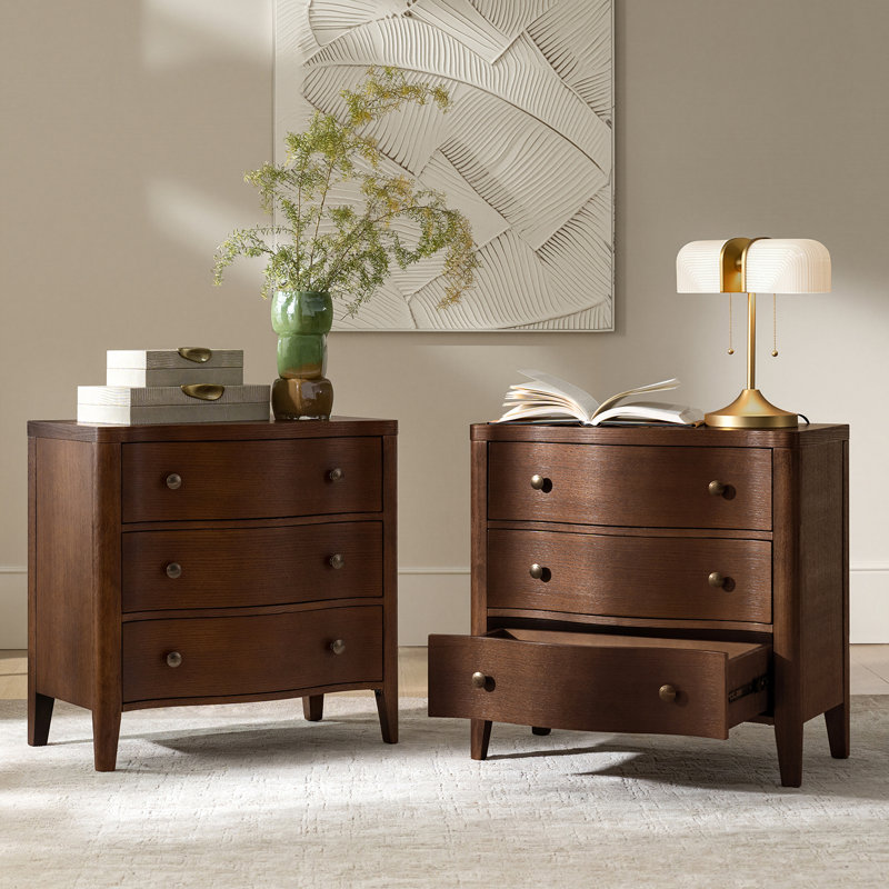 Arelys Modern 27''W 3-Drawers Curves End Table with Built-In Charging Station, Walnut