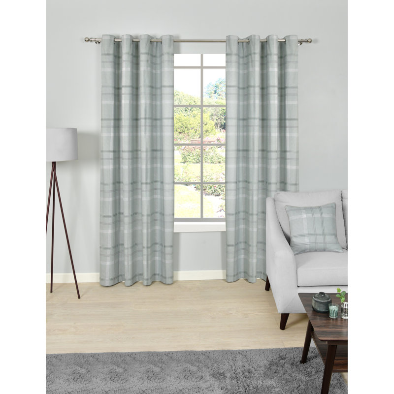 Printed Check Cotton Blackout Curtain Panel Pair, Width 117 x Drop 137 cm, Green