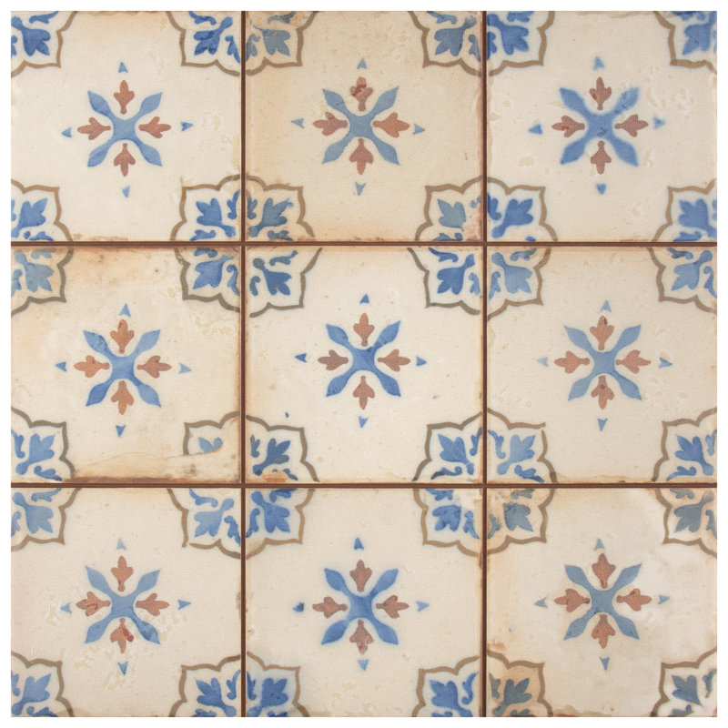 Mirambel 13" x 13" Ceramic Patterned Wall & Floor Tile, Blue/Cream