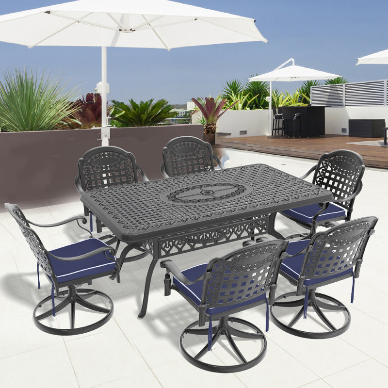 ensemble de pièces en fonte d'aluminium - table rectangulaire résistante aux intempéries et 6 chaises pivotantes avec cadre noir
