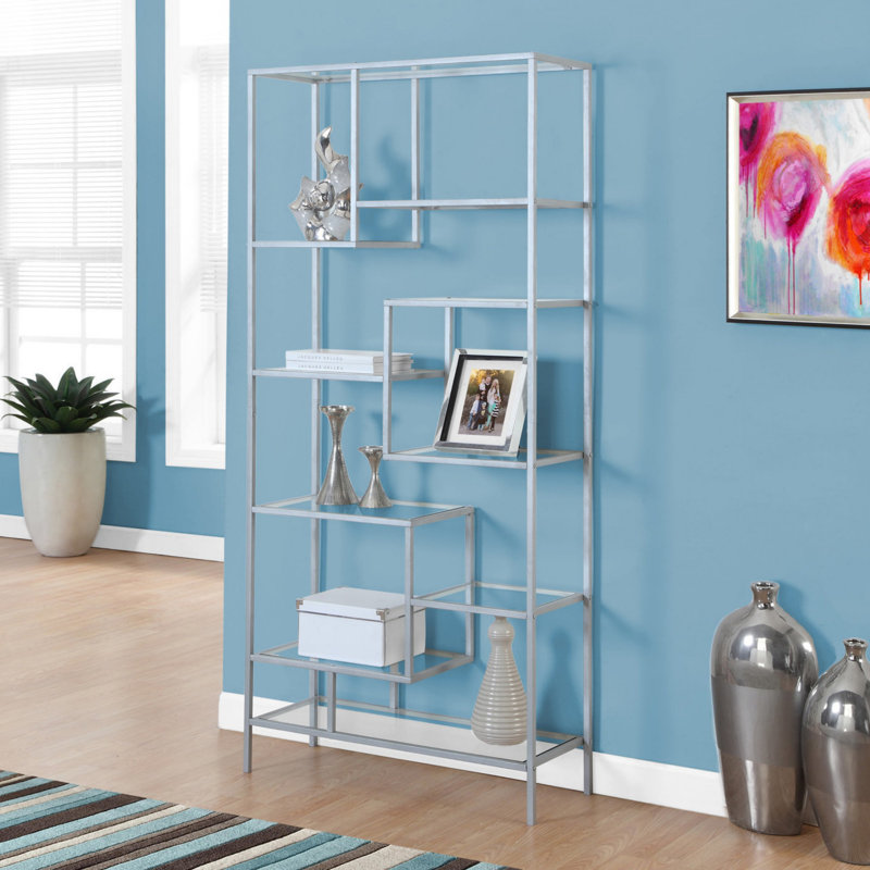 Bookshelf, Bookcase, Etagere, 72"H, Office, Bedroom, Clear Tempered Glass, Metal, Contemporary, Modern, Silver