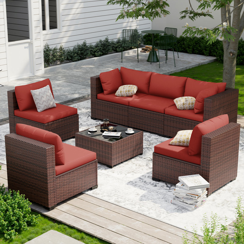 Groupe de sièges modulaires en rotin avec coussins 7 pièces, Gris