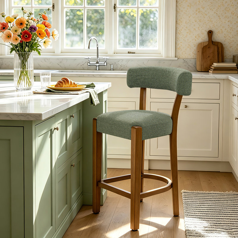 26" Upholstered Counter Height Bar Stool with Solid Wood Frame, Green Linen / Brown Frame, 1