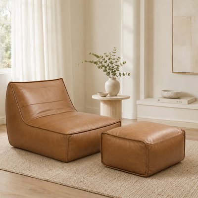 Fauteuil à billes en similicuir avec repose-pieds, fauteuil simple ergonomique à haut dossier, fauteuil de lecture et de détente pour le salon, rembourrage en mousse haute densité, tissu résistant à l'eau et à l'usure, idéal pour la chambre à coucher et le salon.