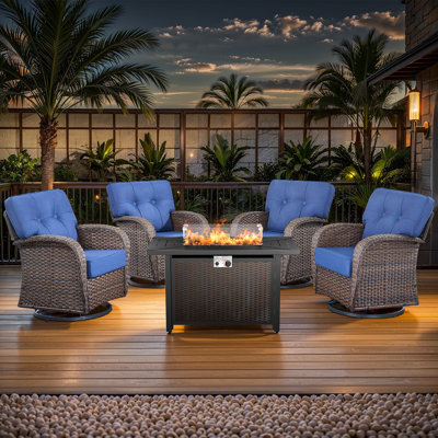 Luxury 5-Piece Patio Conversation Set with Propane Fire Pit Table and 4 Swivel Rocker Chairs, All-Weather Wicker Deep Seating Outdoor Furniture Set for Backyard, Deck