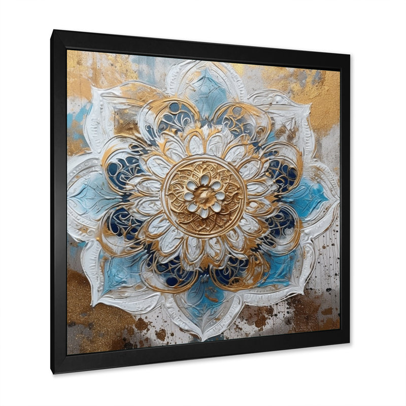 «Blue and Gold Mandala I» sur toile, H 30 po x l 30 po x P 1 po, Cadre d'angle fermé noir