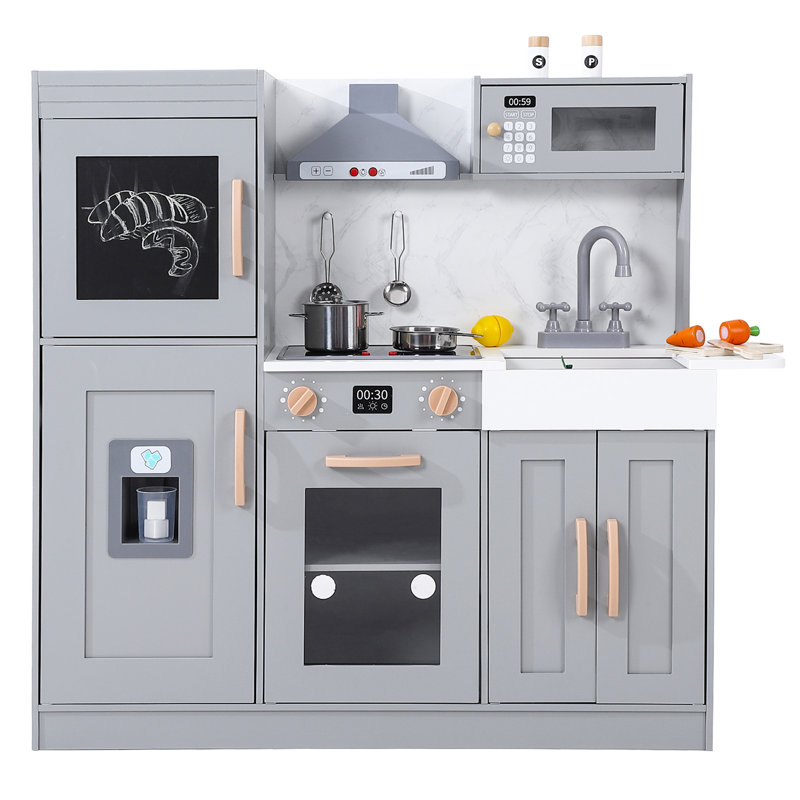 Wooden Kids Play Kitchen Set with Real Lights & Sounds, Pretend Cooking Toy with Sink, Oven, Microwave & Accessories, Chef Role Play