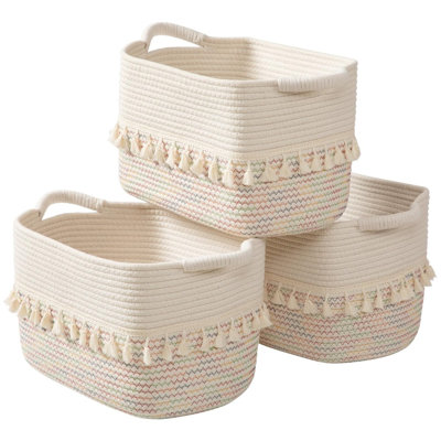 3 Pack Decorative Cotton Rope Storage Baskets, Woven Organizer Bins for Toys, Clothes, Blankets, Living Room Nursery Bathroom Decor