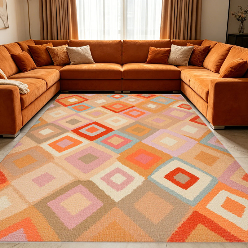 Sunset Orange & Pink Diamond Kilim carpet-easy to clean, machine-washable, soft and comfortable; suitable for door mats, kitchens, living rooms, bedrooms, corridors, and laundry areas. Easy to clean, durable carpet for home decoration.