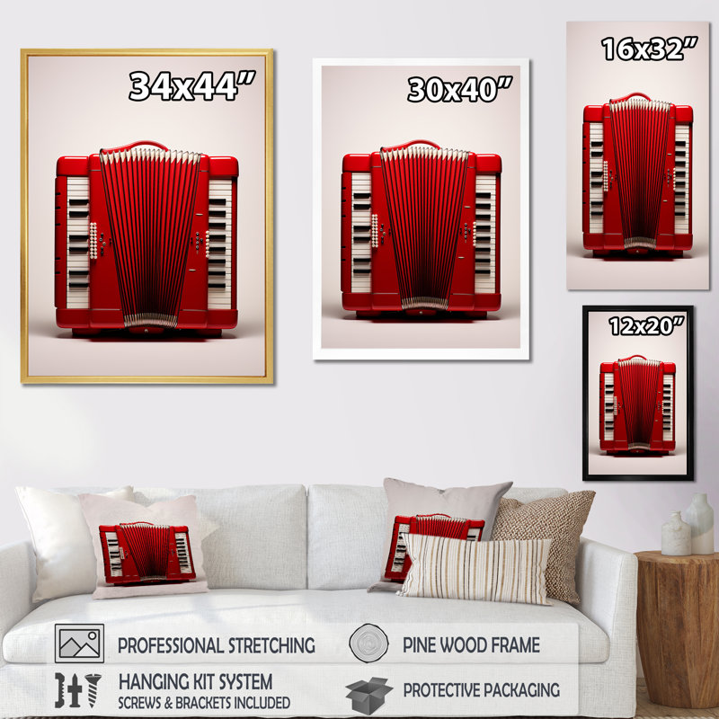 «Music Accordions Accord Classic Red I» sur toile, Cadre doré simple, H 20 po x l 12 po x P 1 po