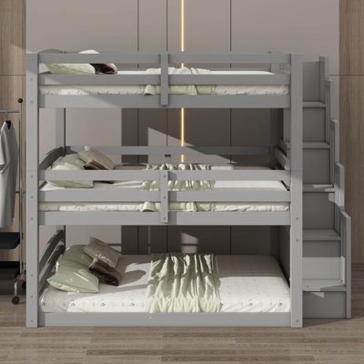 Full-Size Triple Bunk Bed Frame With Storage Staircase & Full-Length Safety Barriers, Intended For Separate Bedroom
