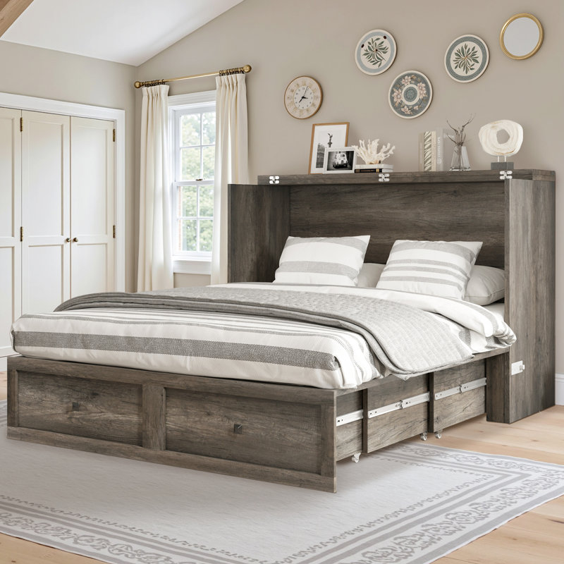 Grand lit escamotable Farmhouse avec station de charge et matelas pliable inclus, gris rustique, Grand, Rustic Grey
