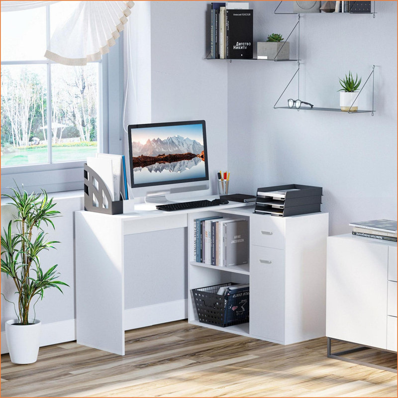 Bureaux, bureau d'ordinateur rotatif en L à 180 ° avec rangement, tiroir, armoire pour bureau à domicile HOMcom | Blanc | Panneau de particules P2