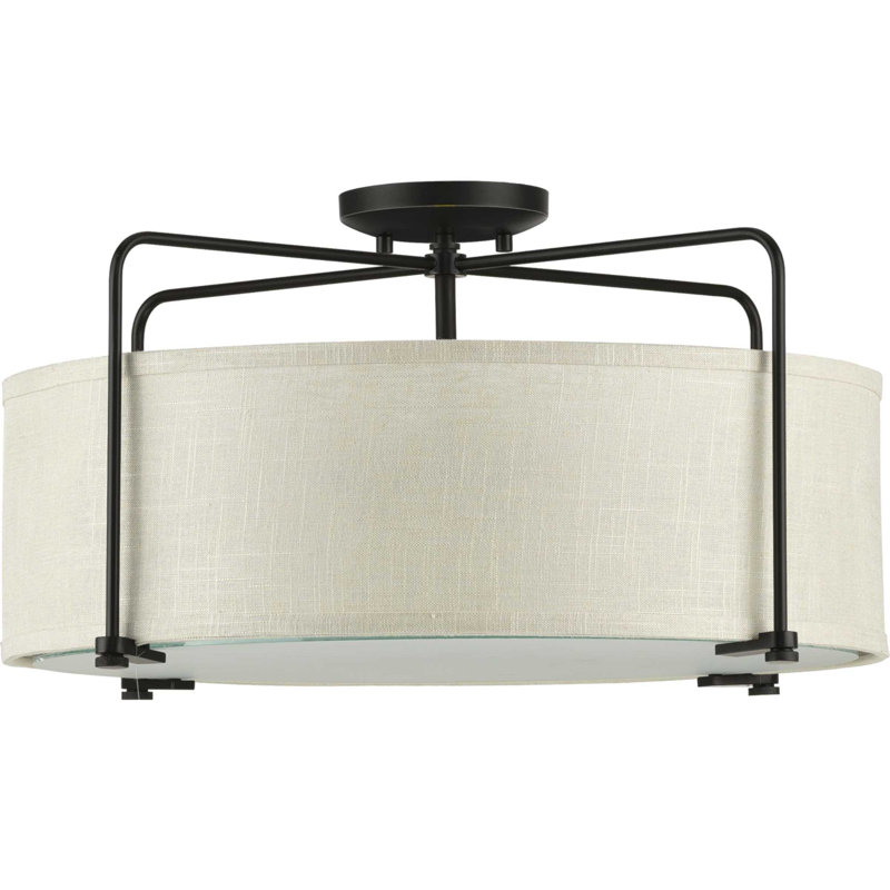 3 - Light Dimmable Drum Chandelier, Antique Bronze, Harvest Linen