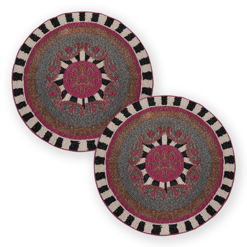 The Blitzen Round Beaded Placemats Set with Floral Center and Striped Border for Dining & Christmas Decor