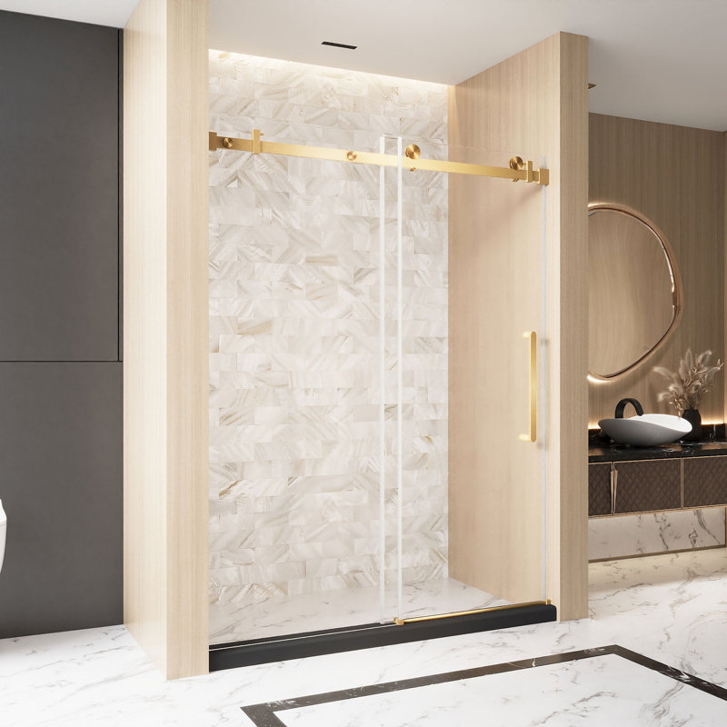 Frameless Single Sliding Shower Door  60 "W X 76" H, 1/4 "(6 Mm) Clear Tempered Glass, Explosion Proof Film, Stainless Steel Handle Square Tube Track