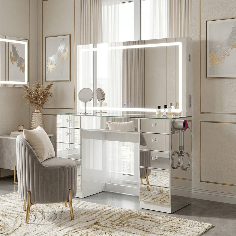 Boahaus Amelia Vanity Desk with LED Mirror – 11 Drawer Makeup Vanity Table Designed as a Complete Dressing Station with Integrated Power and Speakers