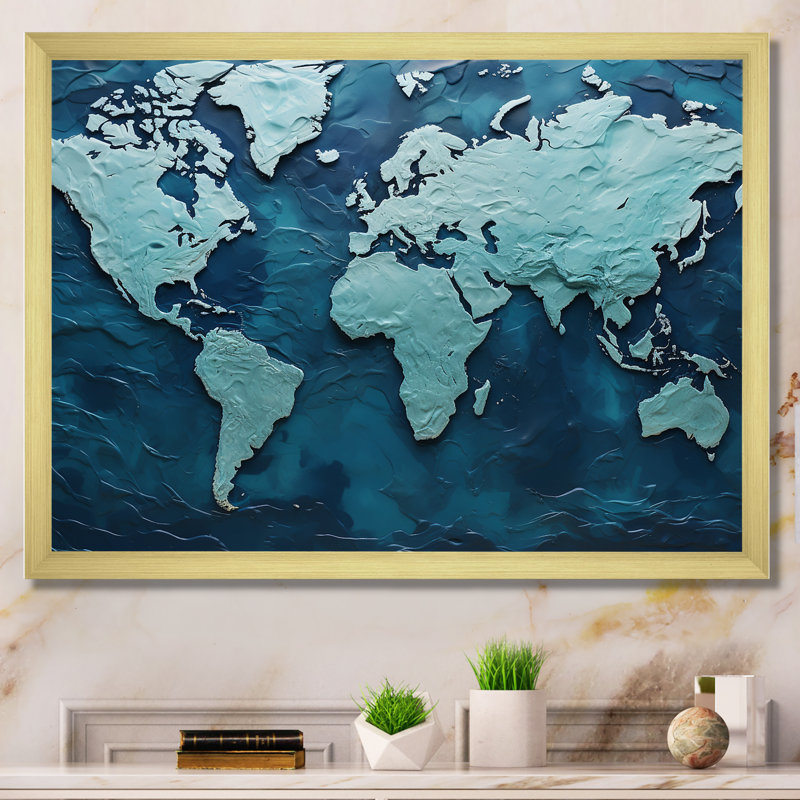 «Oceanic Ombre World Map» sur toile, Cadre doré simple, H 24 po x l 32 po x P 1 po