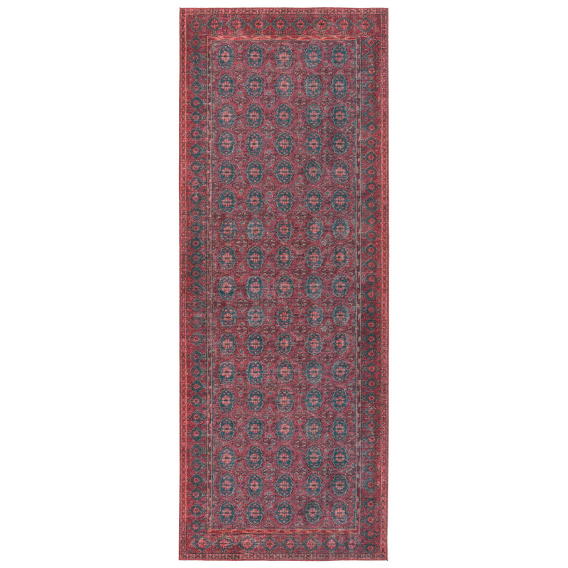Kalinar Dark Red and Blue Synthetic Washable 4' x 6' Rug