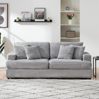 Velours côtelé gris à 3 places, 4 coussins décoratifs, conception moderne, coussins de printemps individuels, à porter, tissu résistant à la décoloration, pieds en plastique, assemblage sans effort pour les bureaux avec style, usure et déchirure, différent