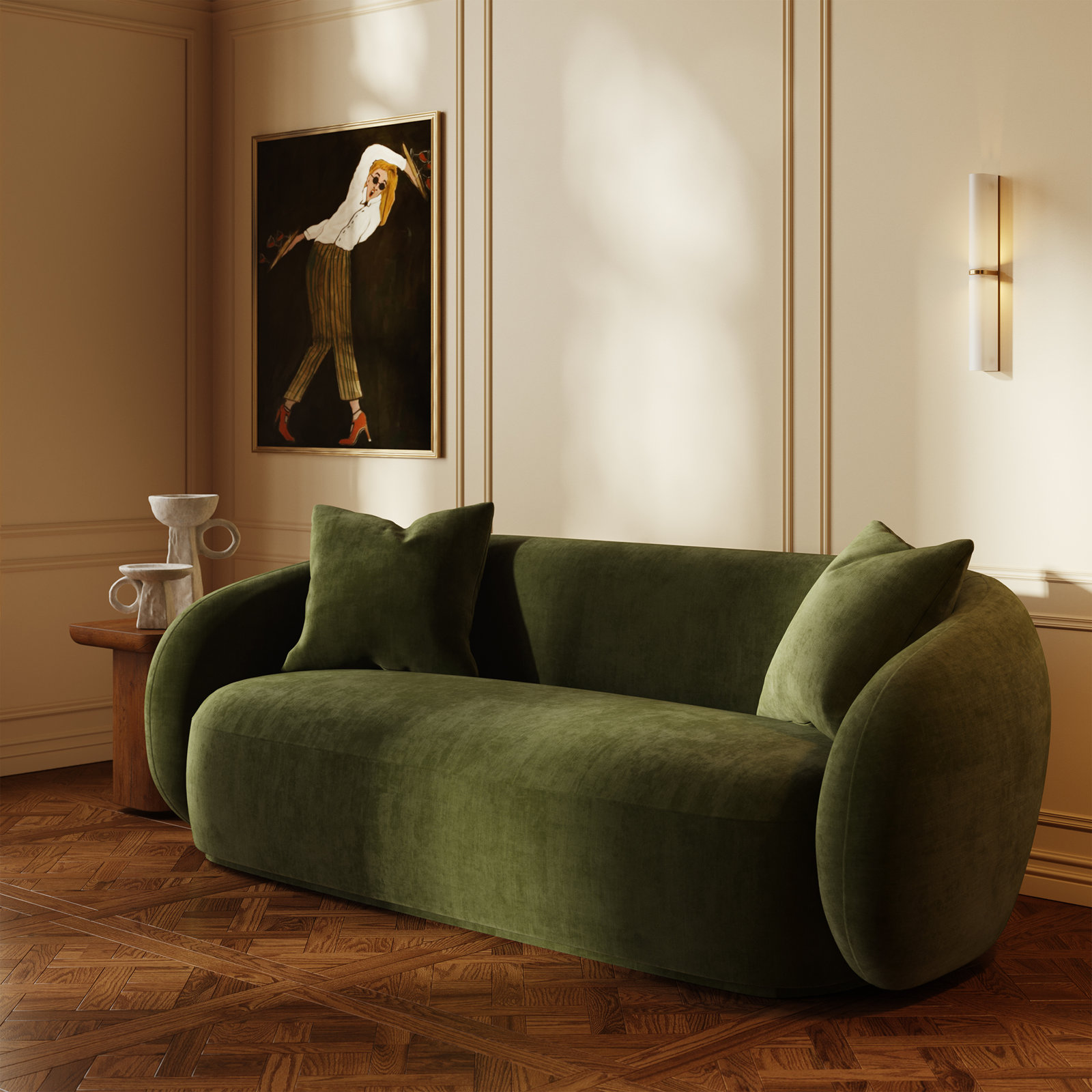 86'' Upholstered Sofa, Distressed Green Velvet