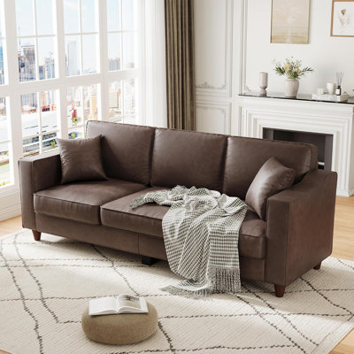 85" Faux Leather 3-Seater Sofa with Pillows & Wood Legs, Dark Brown