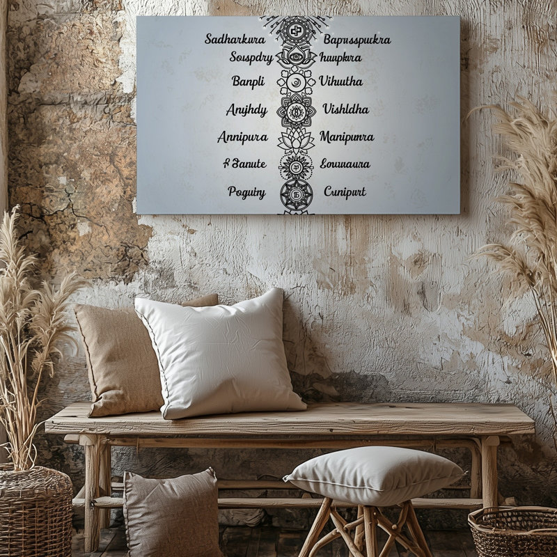 "Toile", une illustration détaillée en noir et blanc mettant en vedette les sept chakras disposés verticalement, chacun représenté par son art mural sur toile